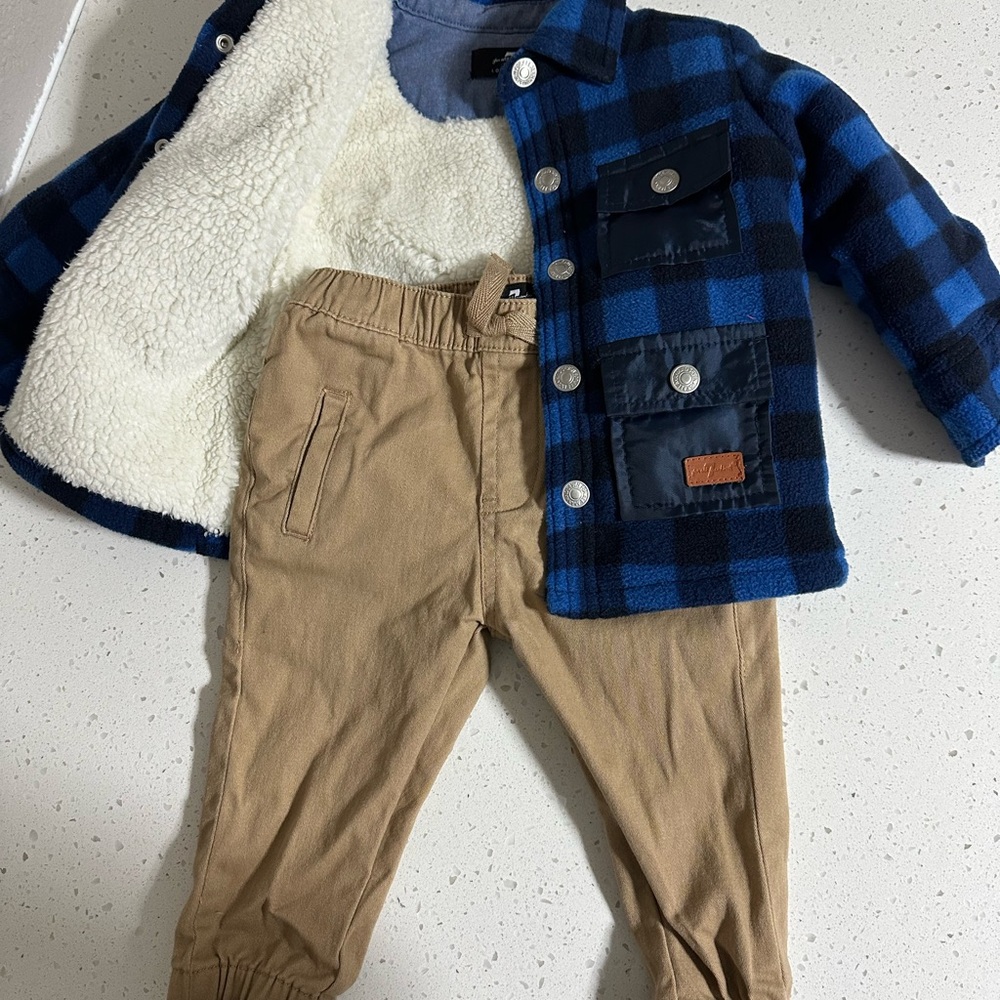 Blue Plaid Faux Shearling Jacket with Tan Pants